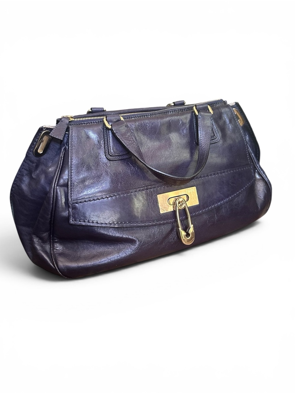 💙 Gianfranco Ferre Navy Leather Satchel Made Italy Gold Hardware - Picture 16 of 17